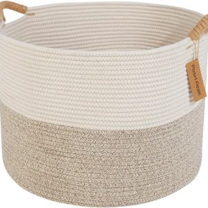 Brown and White Woven Cotton Rope Storage Basket