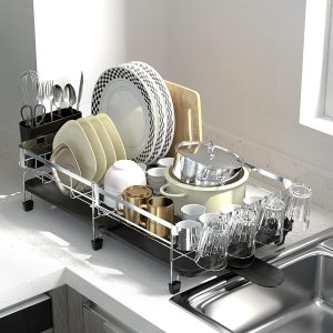 Dish Drying Rack, Expandable (9.45"-12.6") Dish Rack with Drainboard