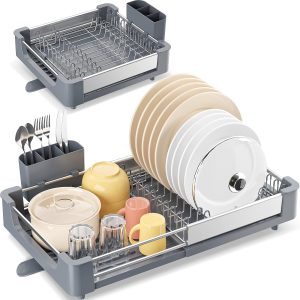 Dual Part Dish Drying Rack with Non-Scratch and Movable Cutlery Drainer