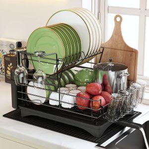 Stainless Steel 2 Tier Black Dish Dryer Rack with Drainboard Set
